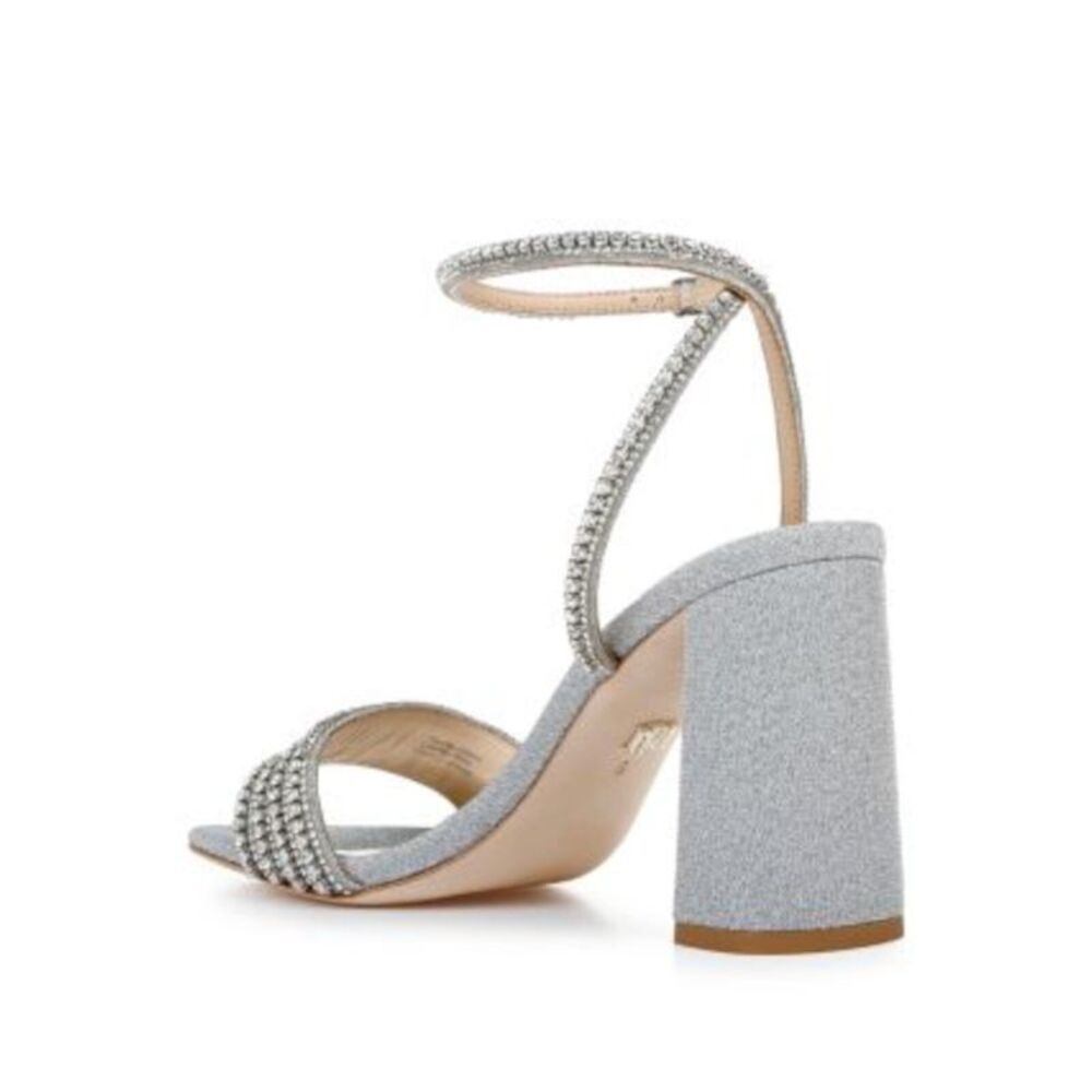 BADGLEY MISCHKA Womens Silver Mixed Media Becca Toe Block Heel Heeled Sandal 6.5 - Picture 2 of 4